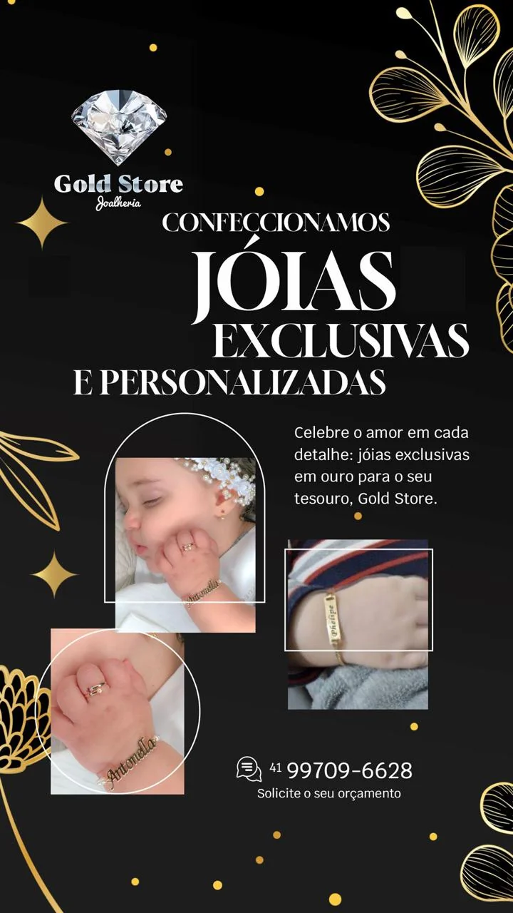 Arte da Gold Store: joias exclusivas e personalizadas, com pulseirinhas de ouro com os nomes Antonella e Phelipe em bebês